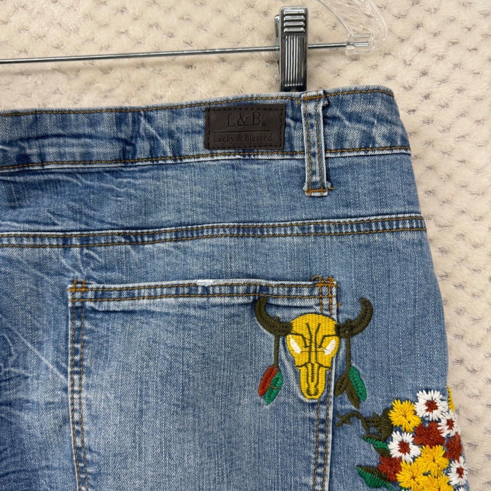 Lucky & Blessed Women's Jeans Denim Boyfriend Embroidered Skull Flowers Plus